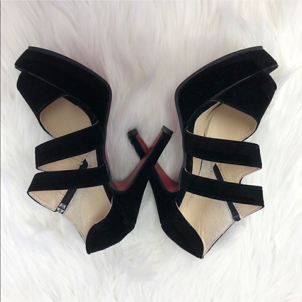 Dixuanni Black Velvet Peep Toe zip sides heels